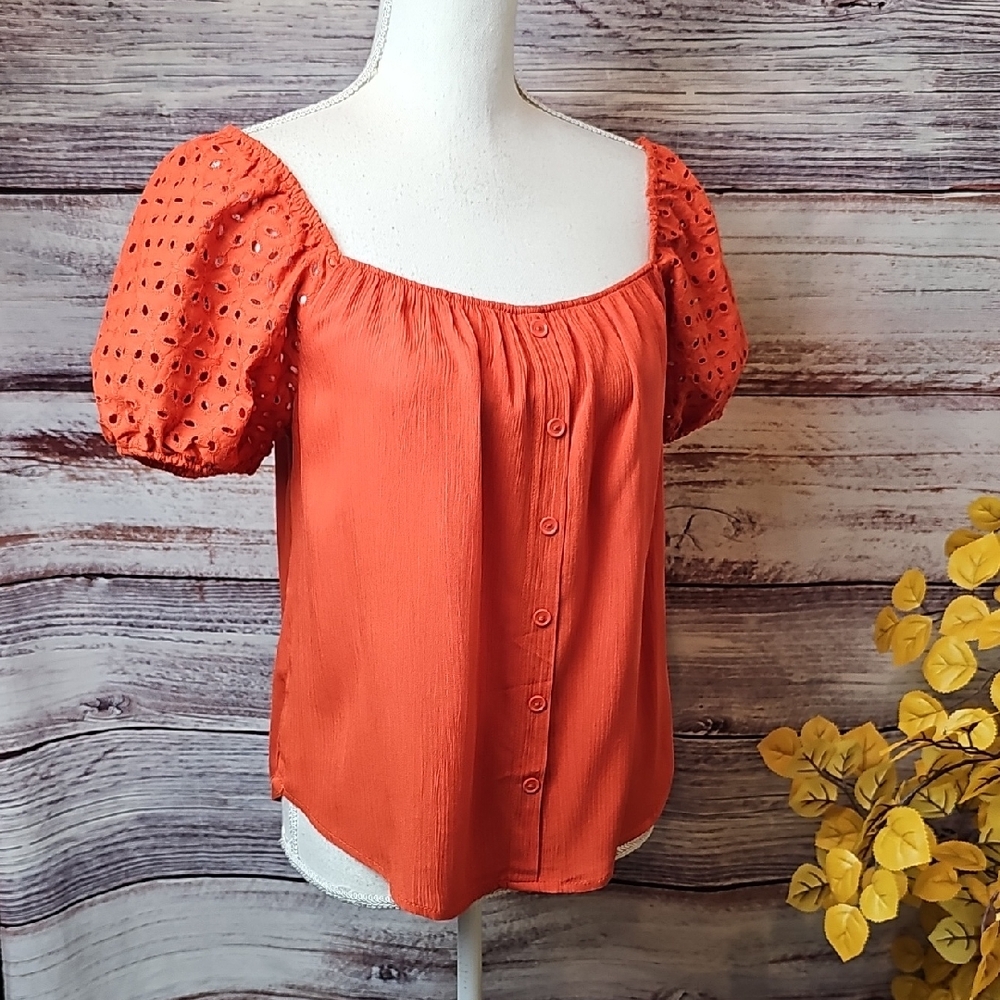 NEW AMBIANCE RUST SHORT EYELET SLEEVE GAUZE PULLOVER TOP